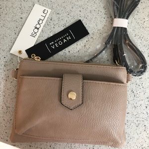 New! Tan crossbody bag, vegan approved. Zipper closure